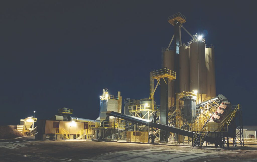 Newly commissioned Tarmac calcium drying system lit up at night.